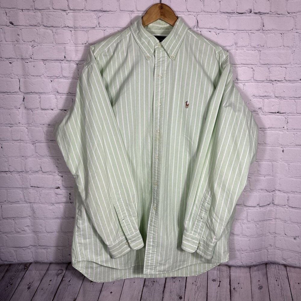 Ralph Lauren Light Green and White Striped Button-Down Shirt